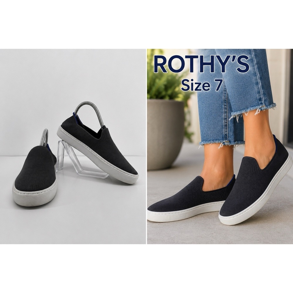 Rothy's Slip On Sneakers Gray Knit Blue Stripe Casual Modern Minimalist Sz 7